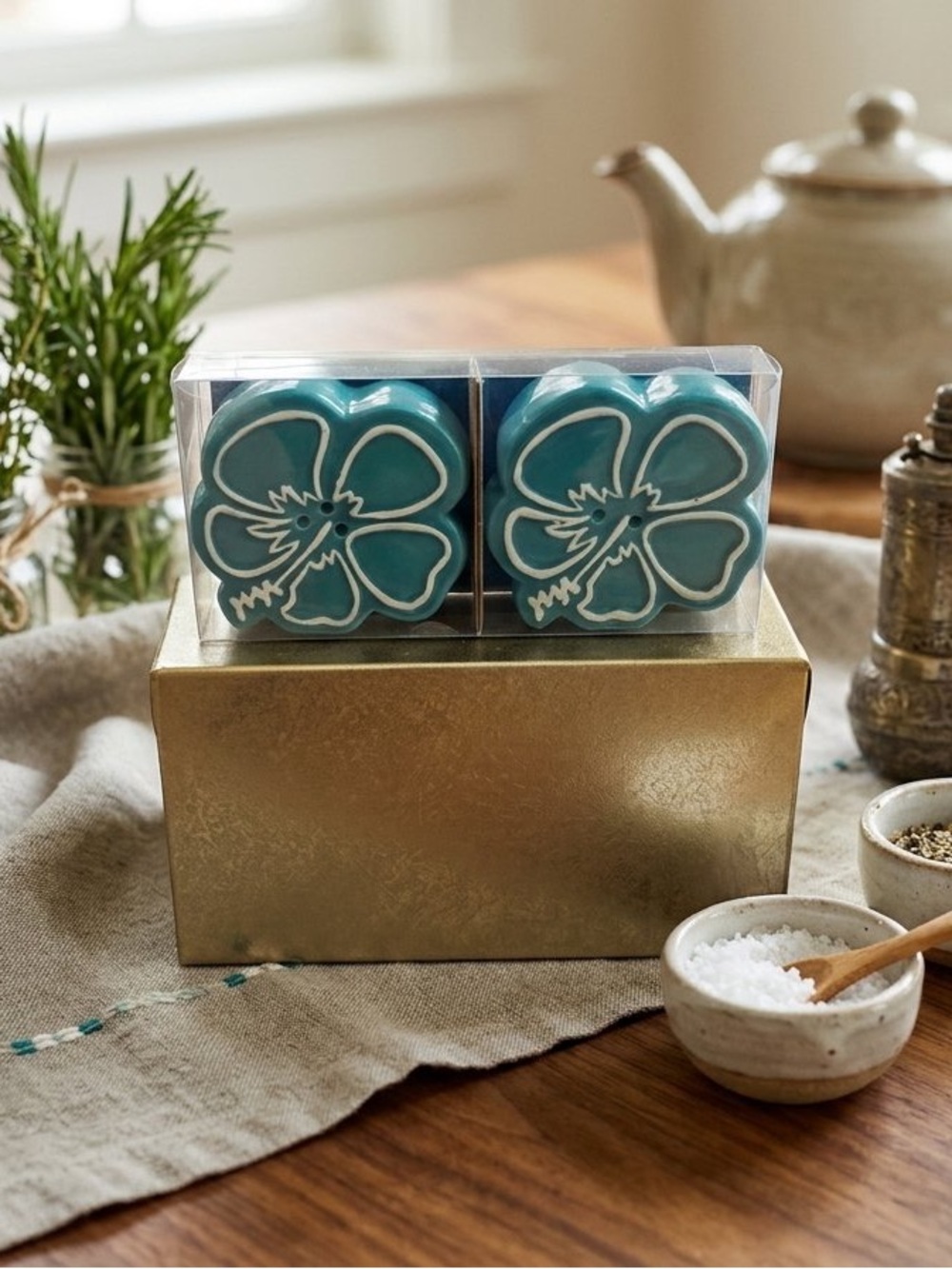 Aqua Floral Ceramic Salt & Pepper Shakers